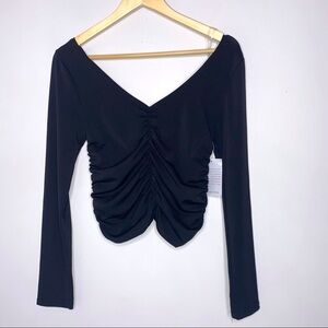 NWT Velvet Torch V-Neck Black Cropped Ruched Front Long Sleeves Top Large